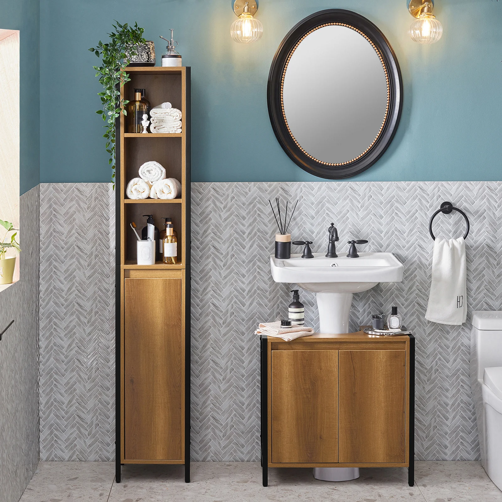 SoBuy BZR62-PF Armario alto de Baño 3 compartimentos abiertos y 1 puerta diseño vintage - Image 4