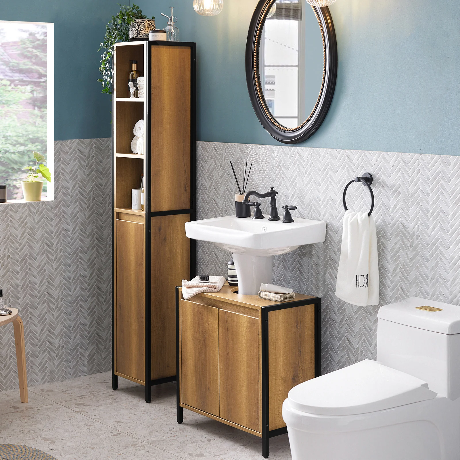 SoBuy BZR62-PF Armario alto de Baño 3 compartimentos abiertos y 1 puerta diseño vintage - Image 5