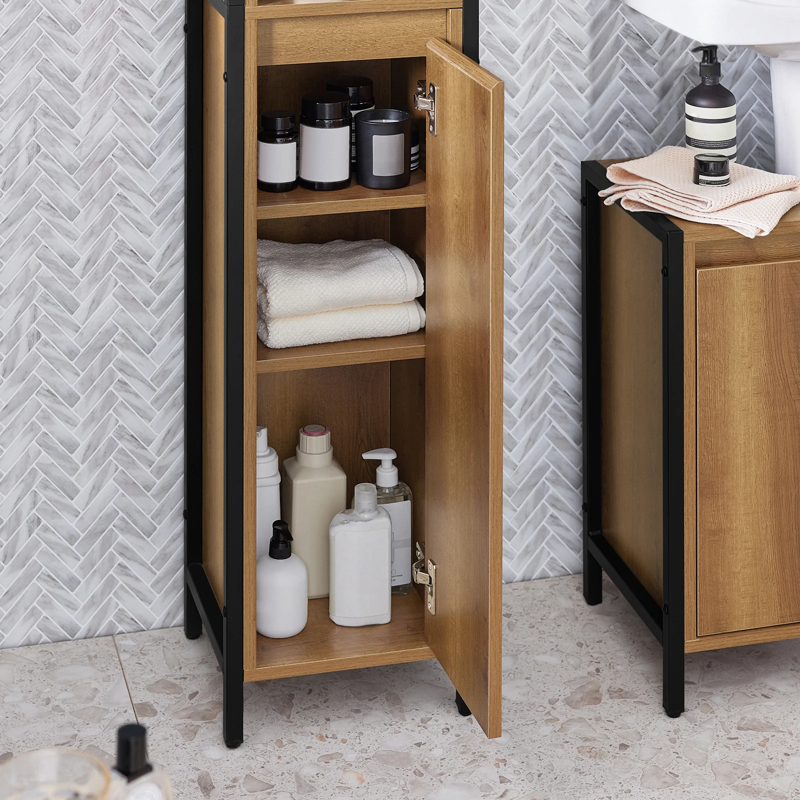 SoBuy BZR62-PF Armario alto de Baño 3 compartimentos abiertos y 1 puerta diseño vintage - Image 8