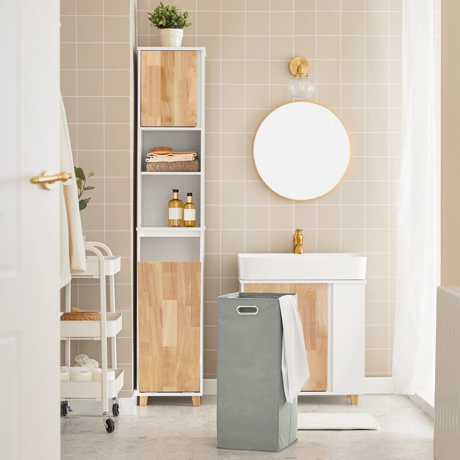 SoBuy BZR74-W Mueble Columna de Baño con 1 Cesto para Ropa Sucia Natural y Blanco - Image 4
