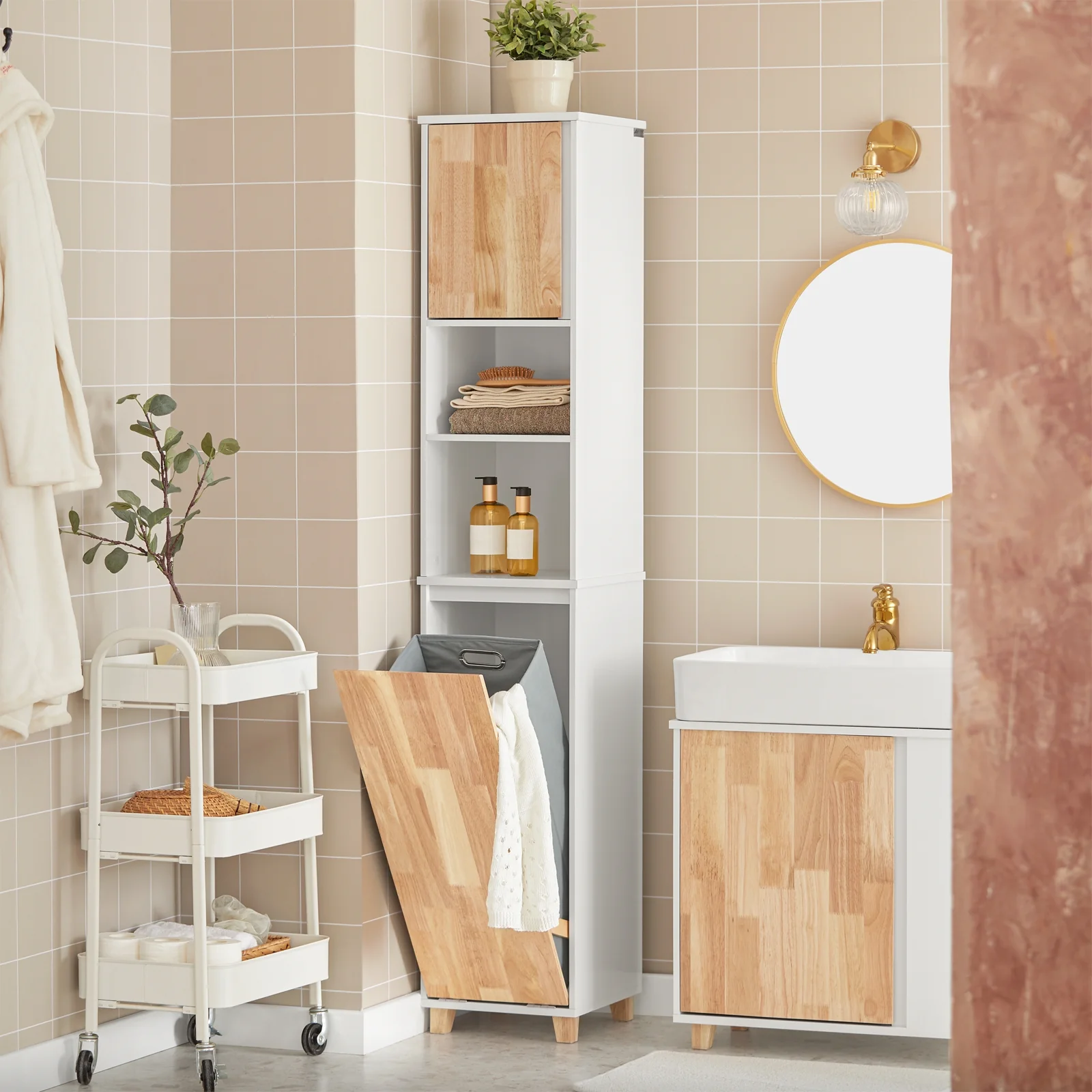 SoBuy BZR74-W Mueble Columna de Baño con 1 Cesto para Ropa Sucia Natural y Blanco - Image 5