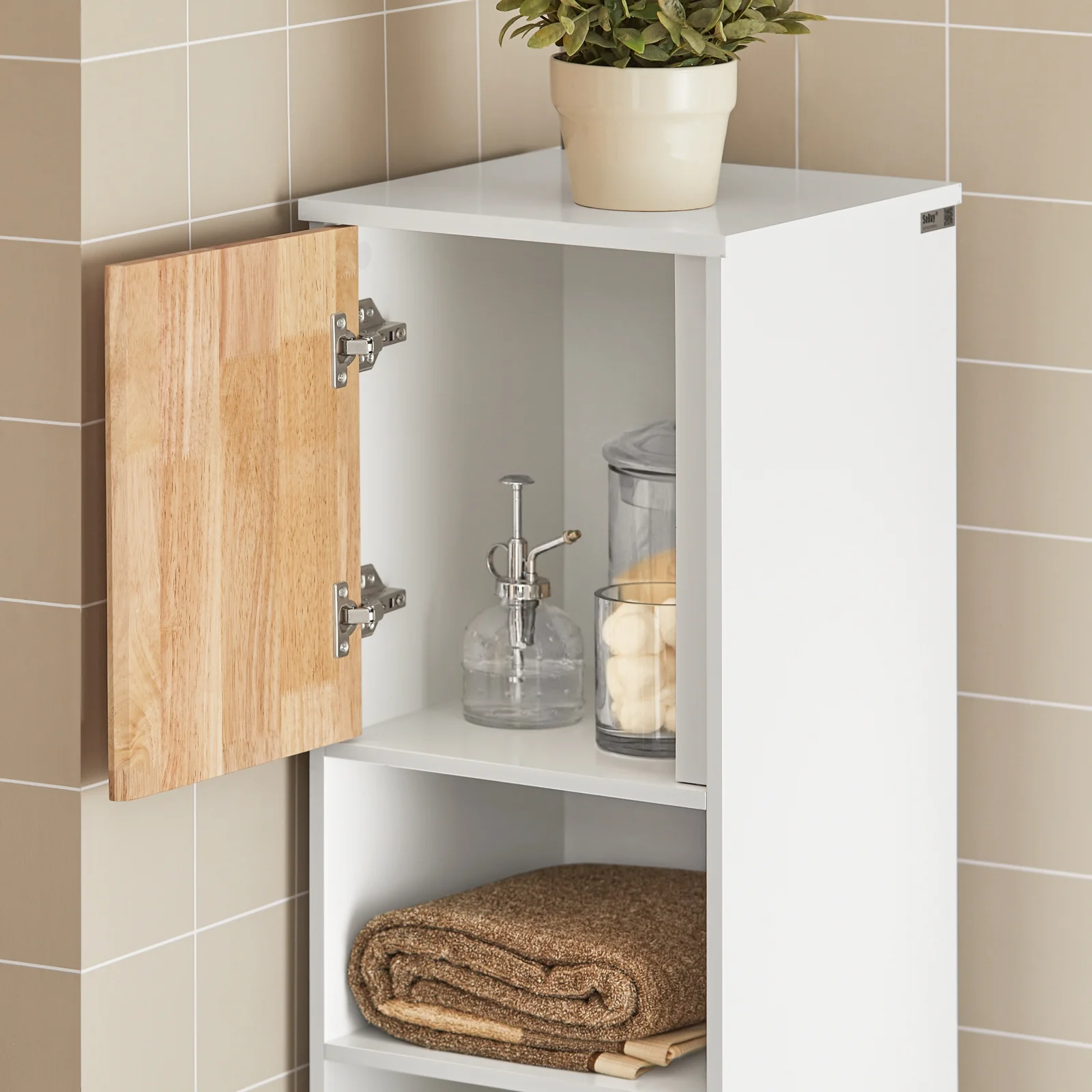 SoBuy BZR74-W Mueble Columna de Baño con 1 Cesto para Ropa Sucia Natural y Blanco - Image 6