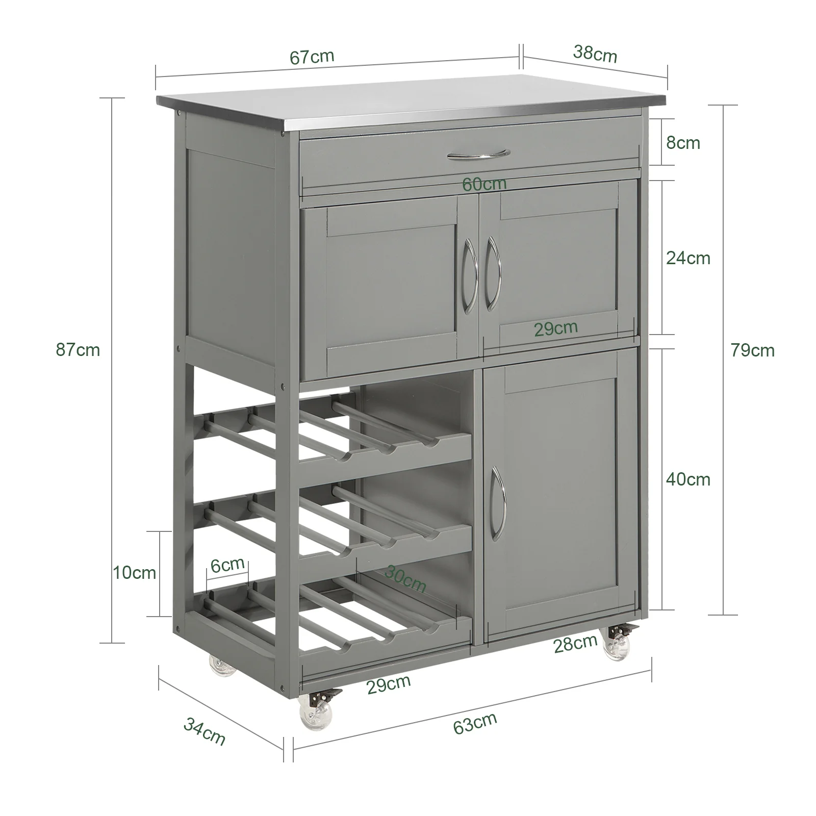SoBuy FKW45-HG Carrito de Cocina con 3 Puertas y 1 cajón Gris - Image 3