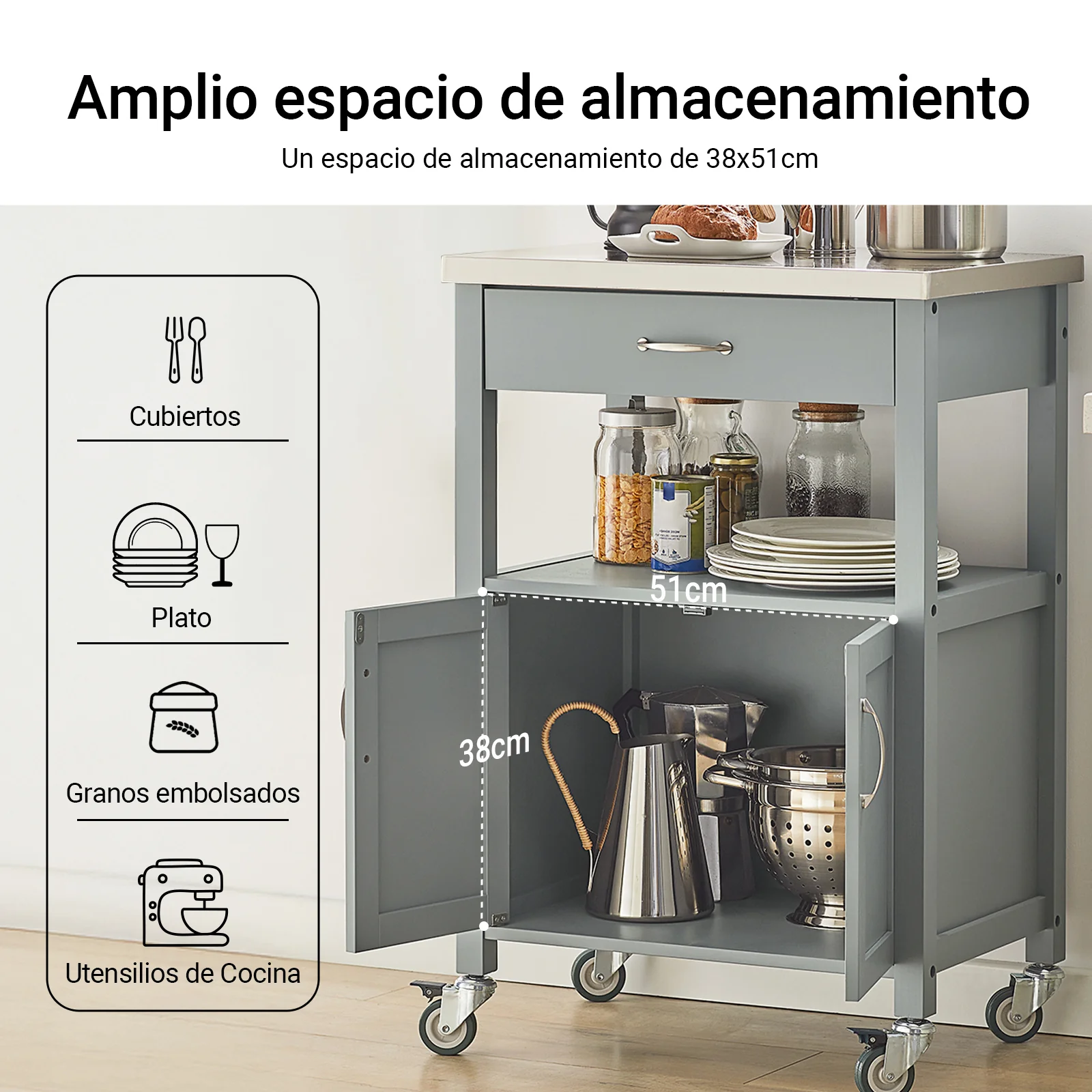 SoBuy FKW22-HG Carrito de Cocina con Tablero de Acero Inoxidable Gris - Image 2