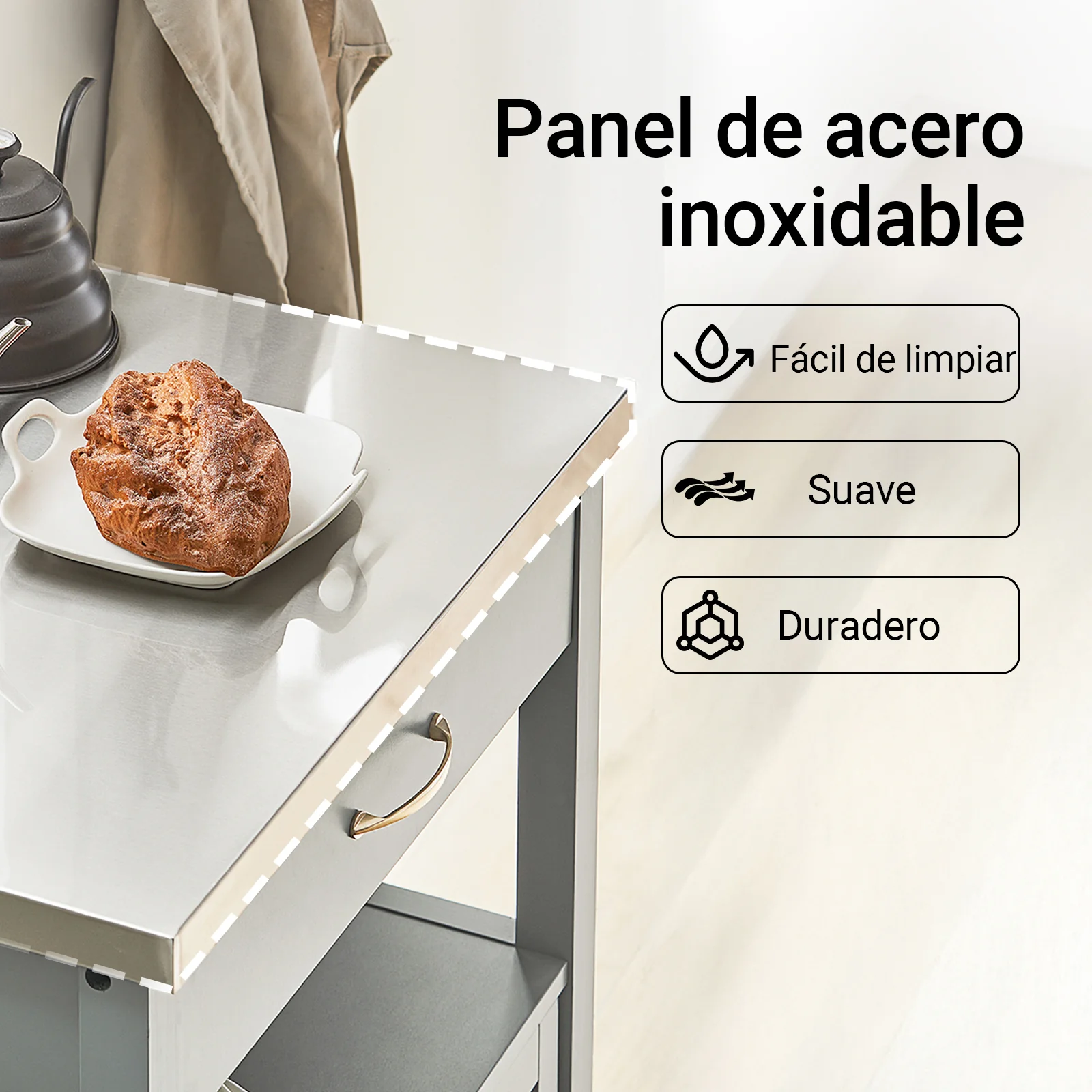SoBuy FKW22-HG Carrito de Cocina con Tablero de Acero Inoxidable Gris - Image 5