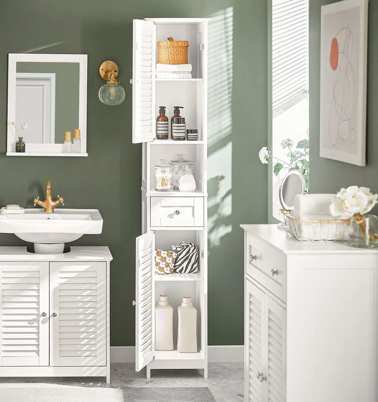 SoBuy FRG236-W Armario alto de Baño 2 puertas y 1 cajón Blanco - Image 4