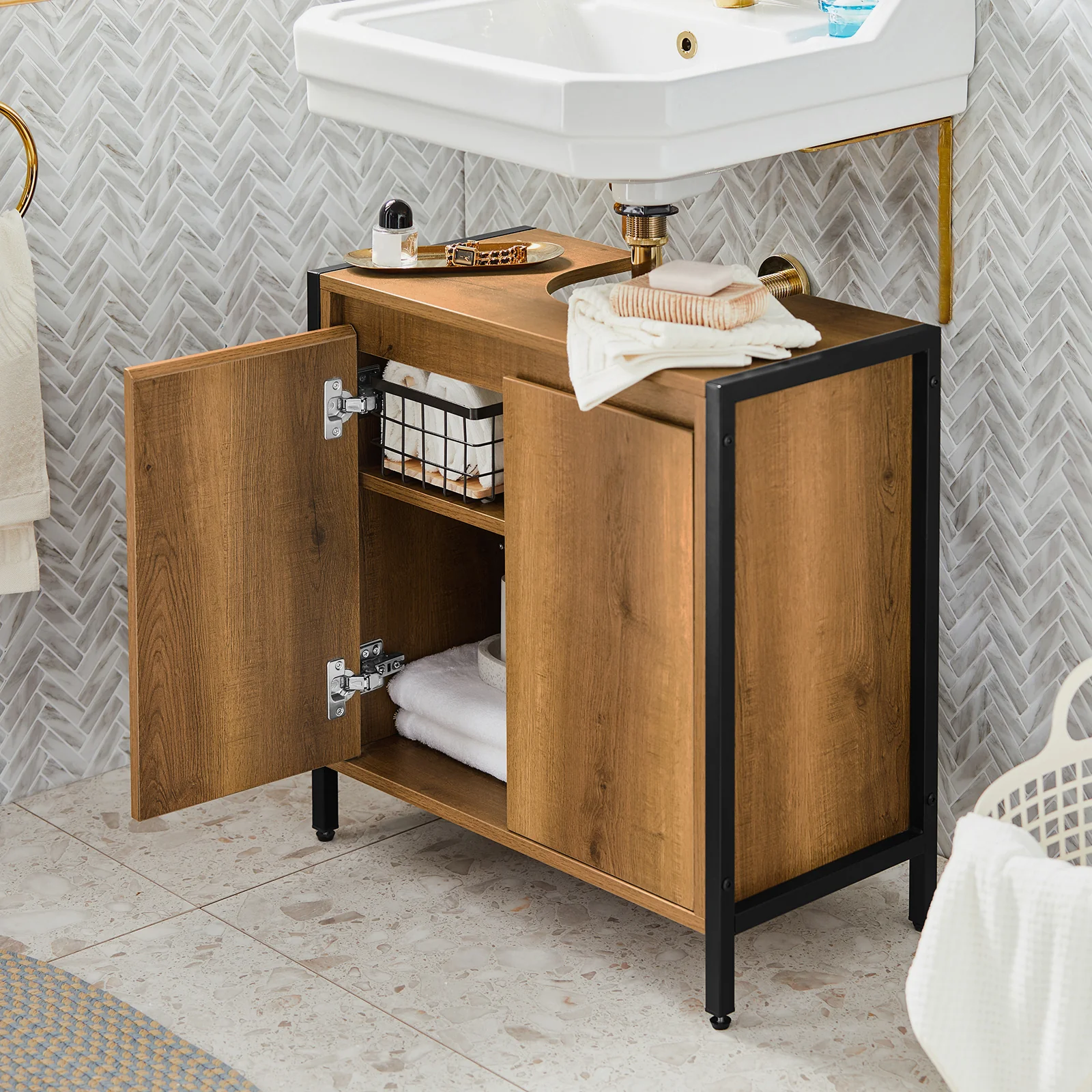SoBuy BZR63-PF Mueble para debajo del Lavabo 1 Estante y 2 Puertas Vintage - Image 5