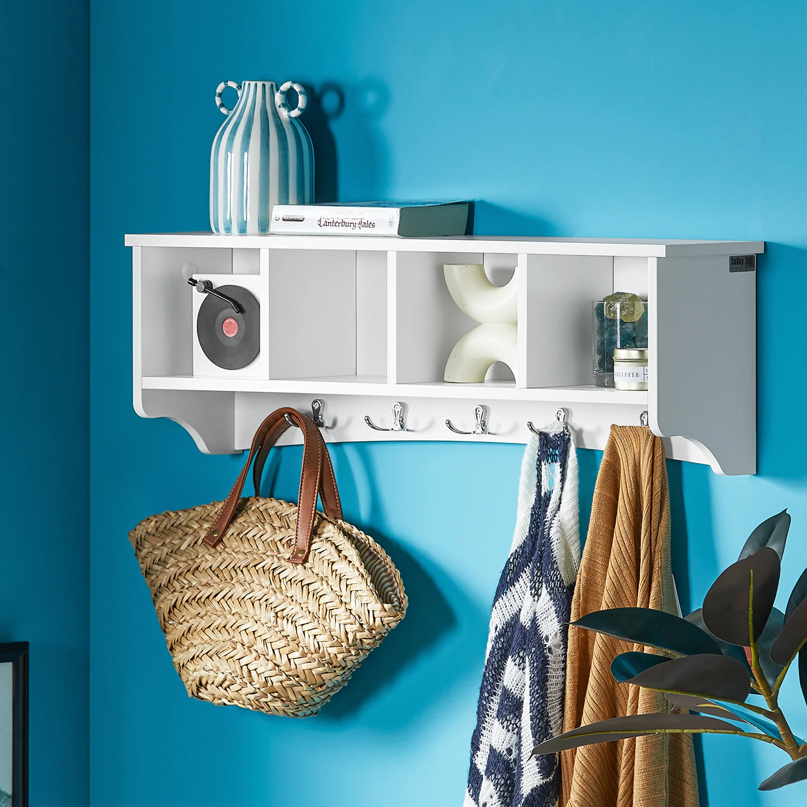 SoBuy FRG48-L-W Estante de pared con 4 compartimentos y 5 ganchos Dobles Blanco - Image 5