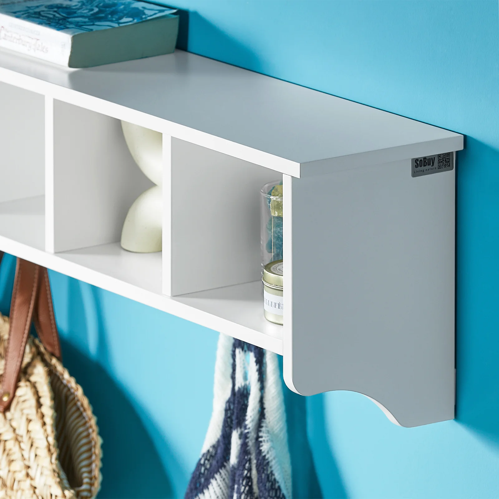 SoBuy FRG48-L-W Estante de pared con 4 compartimentos y 5 ganchos Dobles Blanco - Image 9