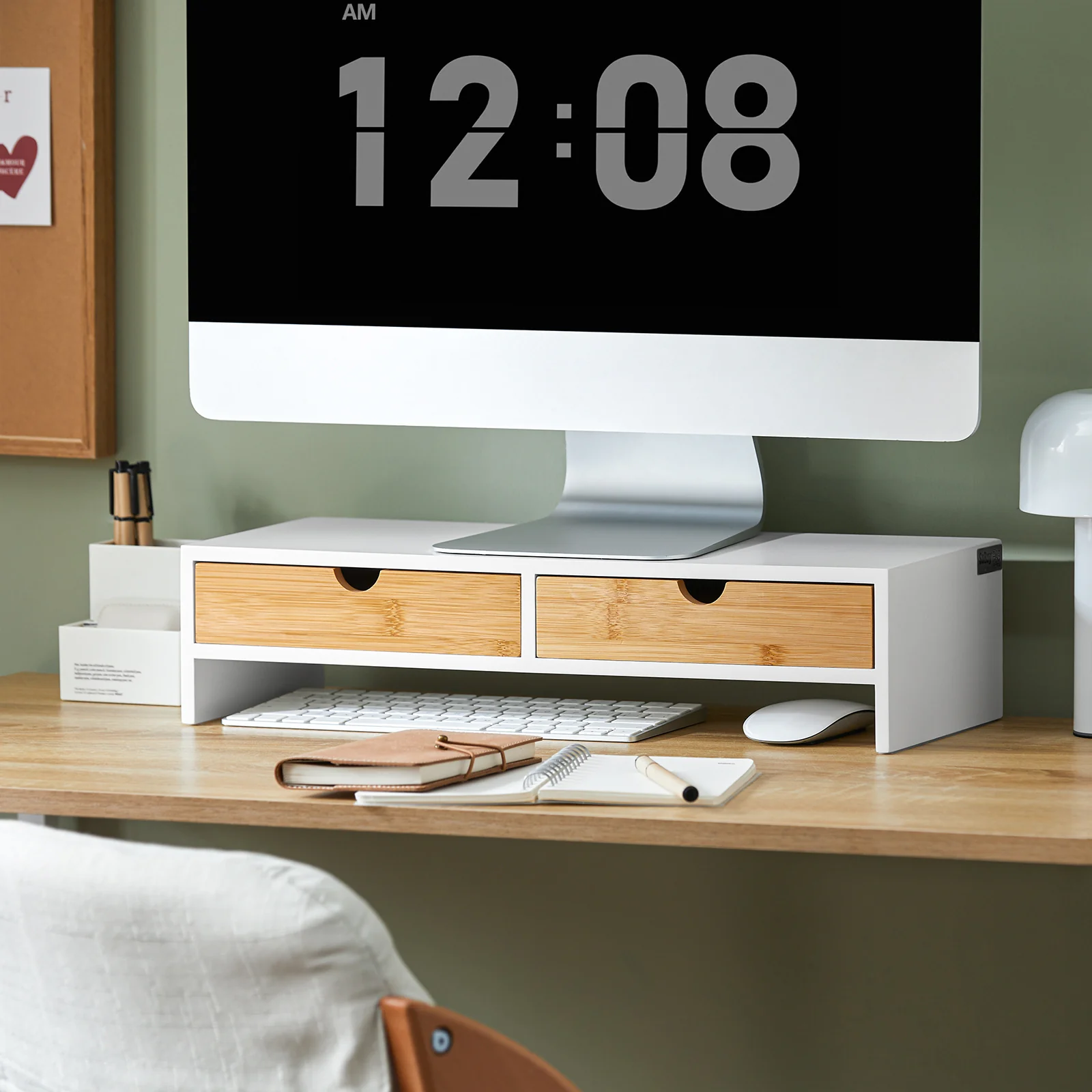 SoBuy BBF02-WN Soporte para monitor con 2 cajónes Blanco y Natural - Image 2