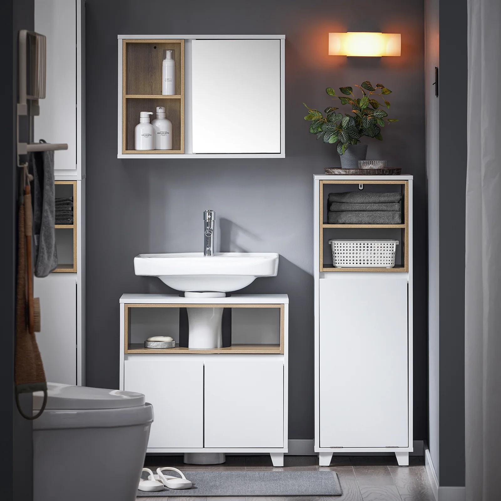 SoBuy BZR146-W Armario de Suelo para Baño con 2 estantes y 1 Cesto para Ropa Sucia Blanco - Image 4