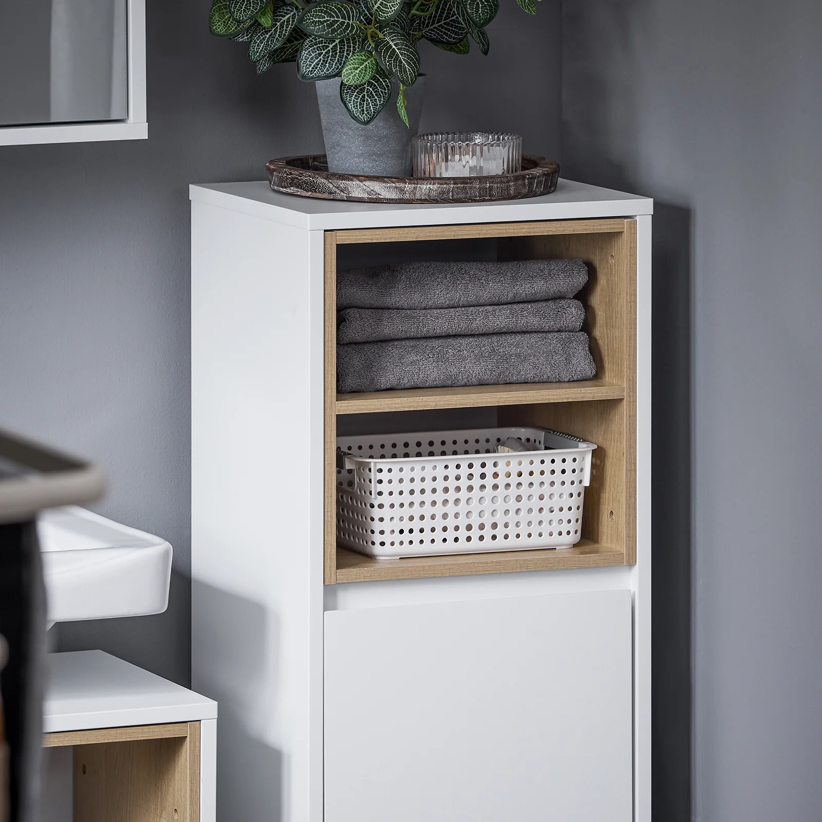 SoBuy BZR146-W Armario de Suelo para Baño con 2 estantes y 1 Cesto para Ropa Sucia Blanco - Image 7
