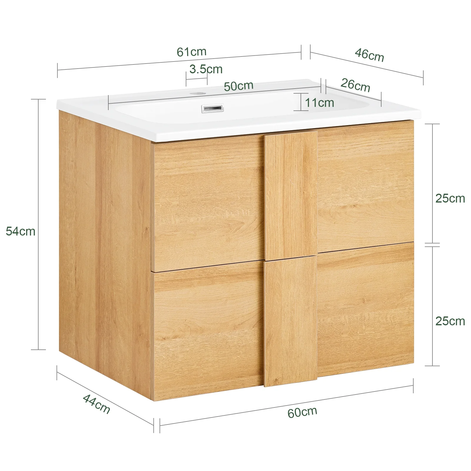 SoBuy BZR172-N Armario Colgante para Baño con 2 Cajones y 1 Lavabo 61 x 46 x 54 cm - Image 3