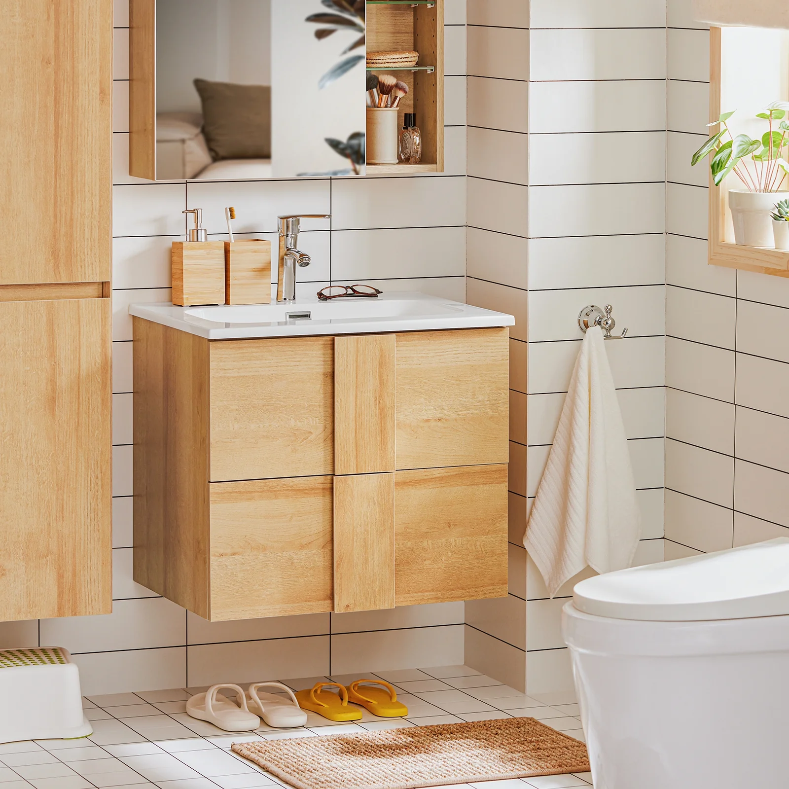 SoBuy BZR172-N Armario Colgante para Baño con 2 Cajones y 1 Lavabo 61 x 46 x 54 cm - Image 4