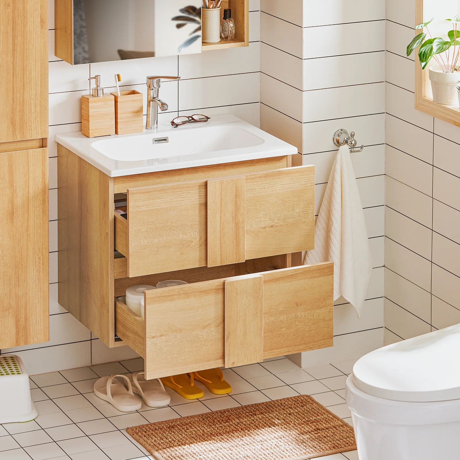 SoBuy BZR172-N Armario Colgante para Baño con 2 Cajones y 1 Lavabo 61 x 46 x 54 cm - Image 9