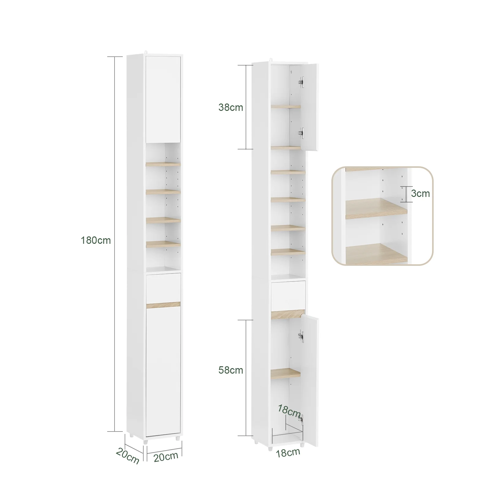 SoBuy BZR34-WN Mueble Columna de Baño estrecho con 2 Puertas y 1 Cajón Blanco - Image 3
