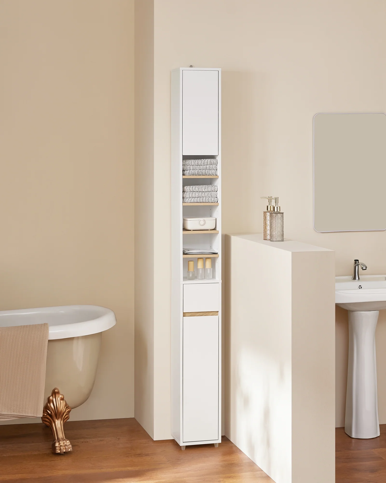 SoBuy BZR34-WN Mueble Columna de Baño estrecho con 2 Puertas y 1 Cajón Blanco - Image 4