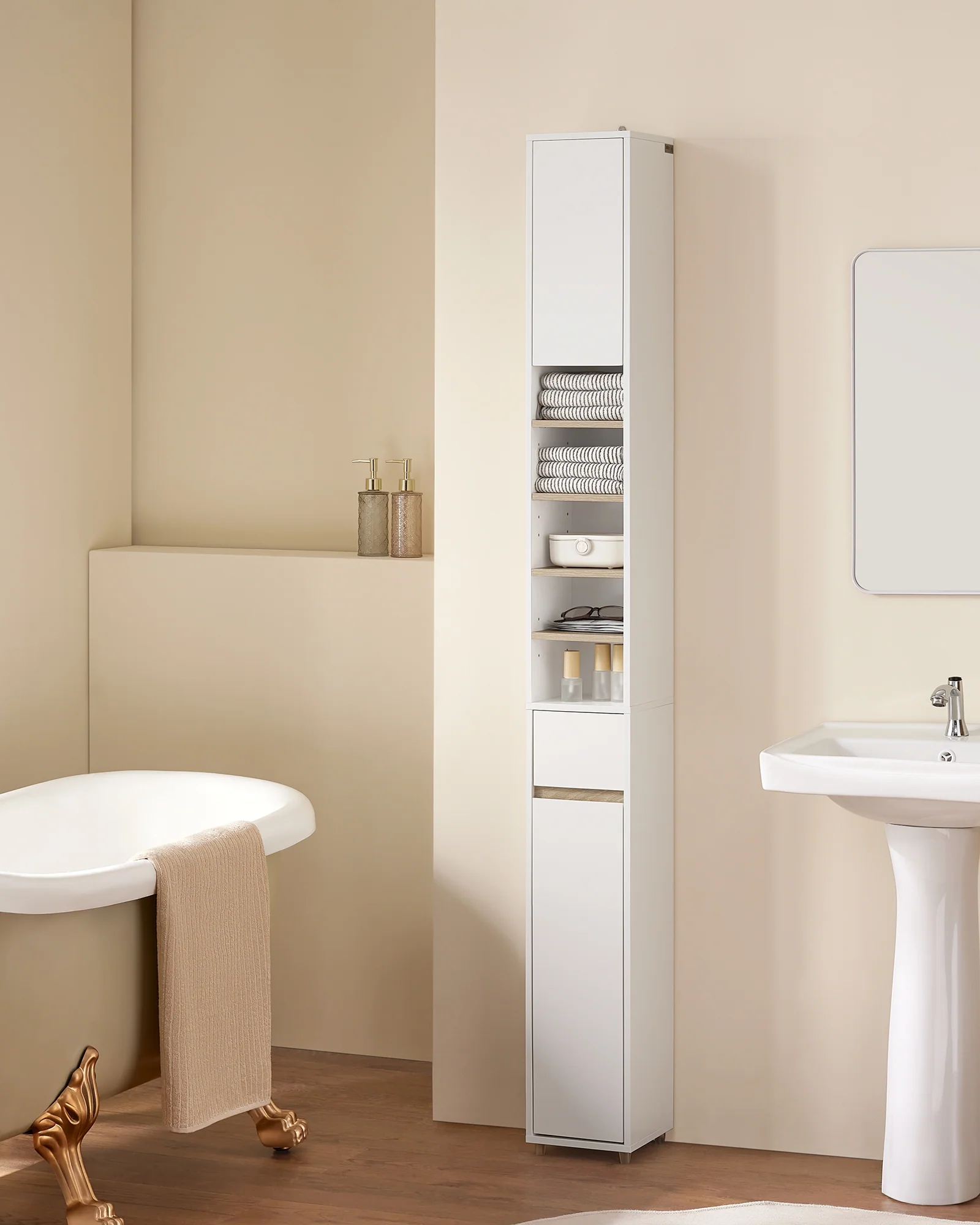 SoBuy BZR34-WN Mueble Columna de Baño estrecho con 2 Puertas y 1 Cajón Blanco - Image 5