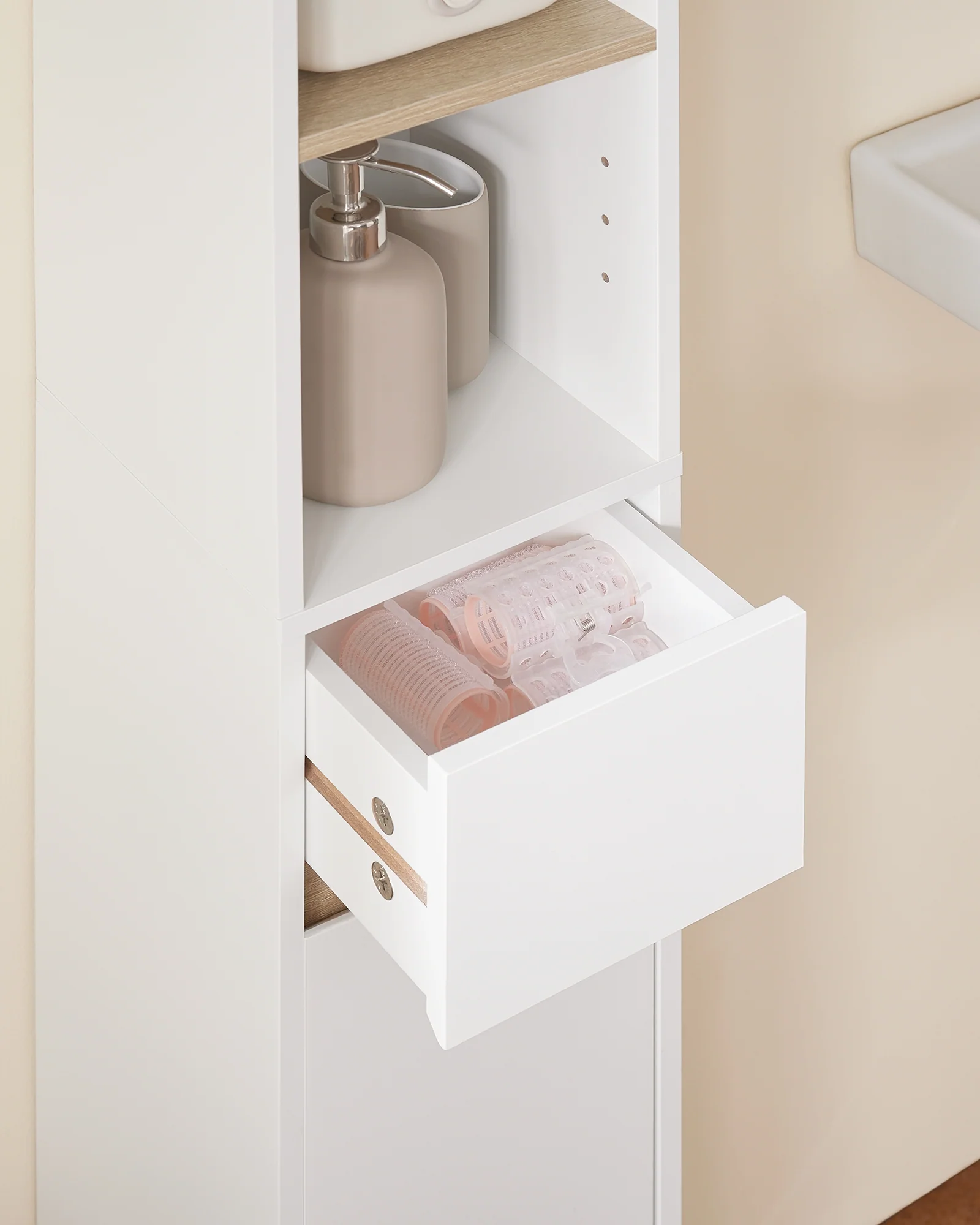 SoBuy BZR34-WN Mueble Columna de Baño estrecho con 2 Puertas y 1 Cajón Blanco - Image 8