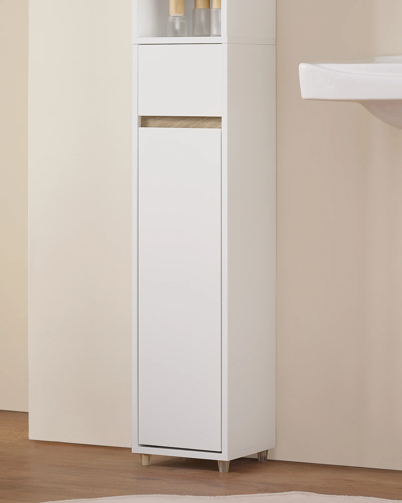 SoBuy BZR34-WN Mueble Columna de Baño estrecho con 2 Puertas y 1 Cajón Blanco - Image 9