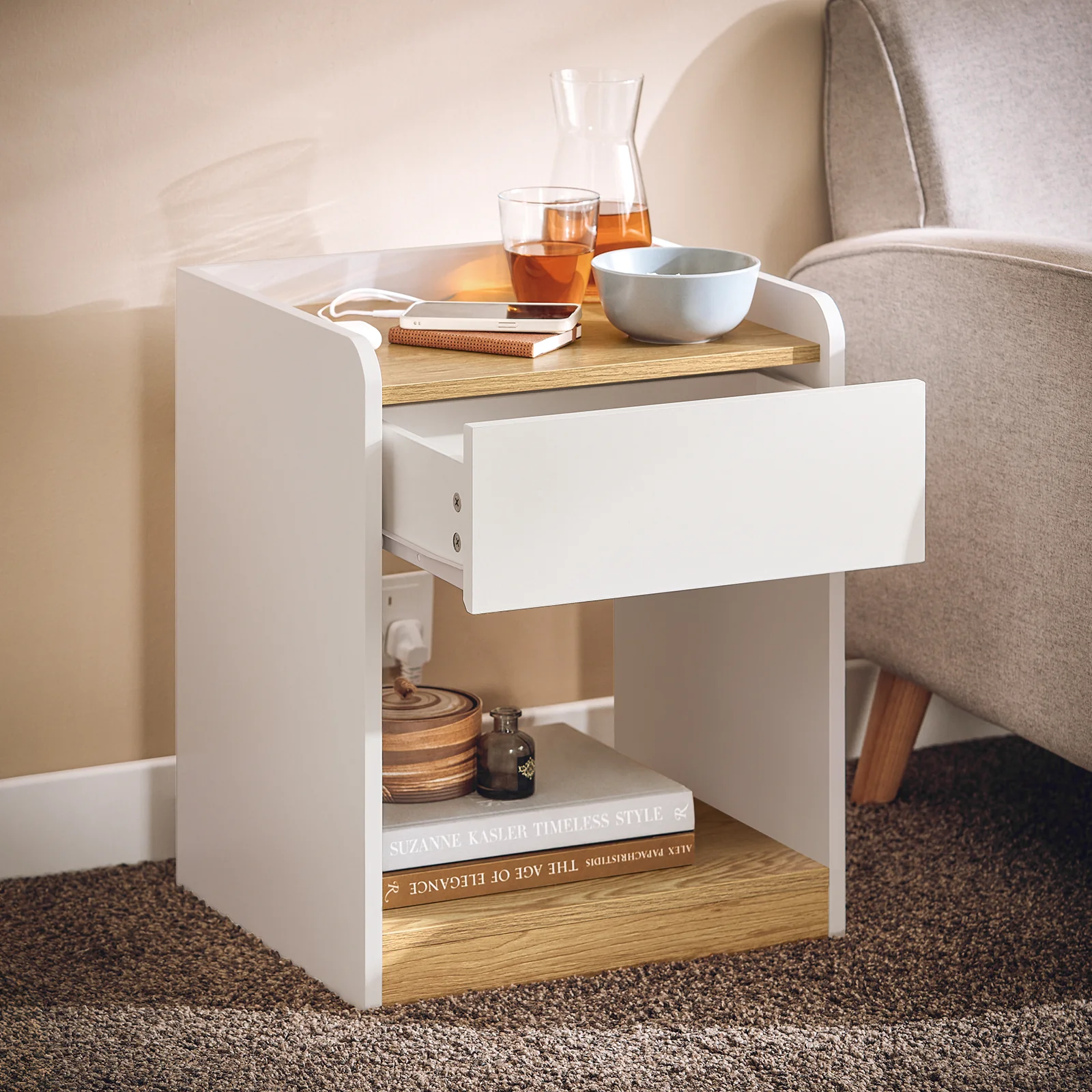 SoBuy FBT128-WN Mesita de Noche Mesa Auxiliar con 1 cajón Blanco y Madera - Image 2
