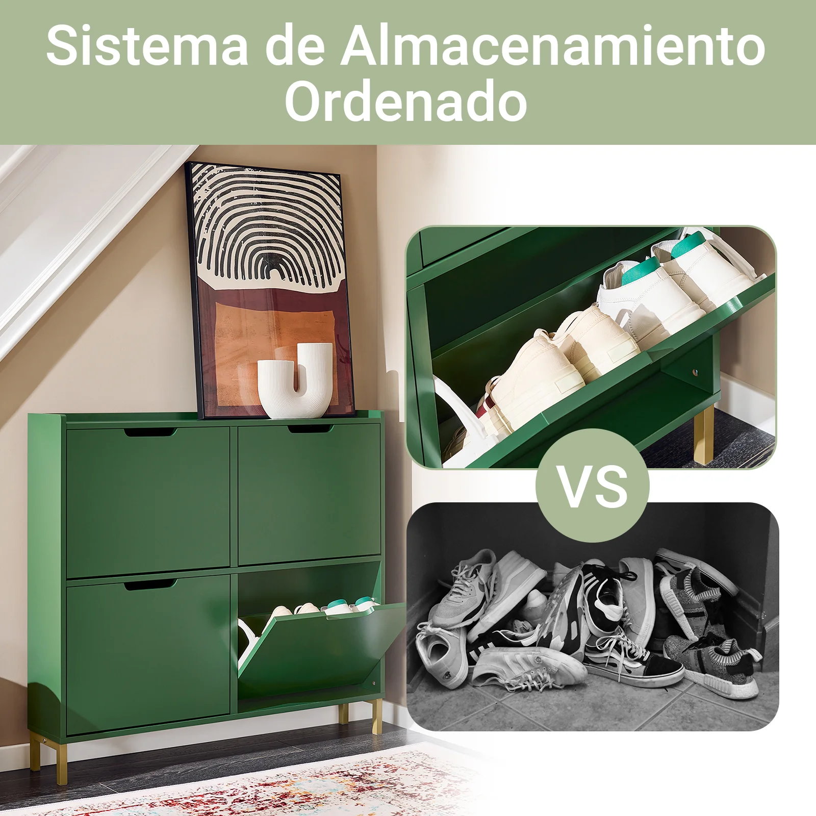 SoBuy FSR100-SY Zapatero Estrecho con 4 Solapas Verde Oscuro - Image 4