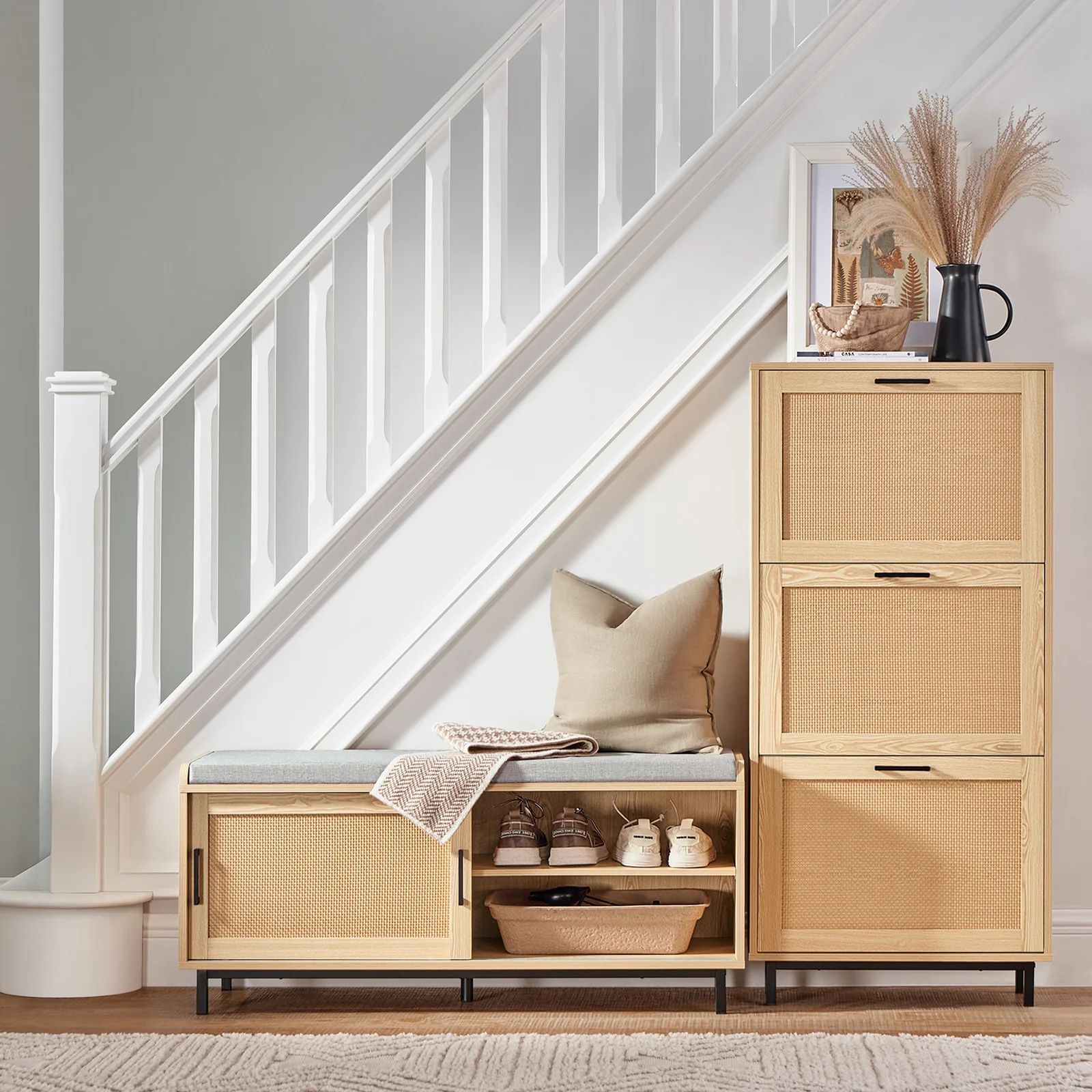 SoBuy FSR154-N Banco Zapatero con 2 Puertas 110 x 40 x 49 cm Natural - Image 2