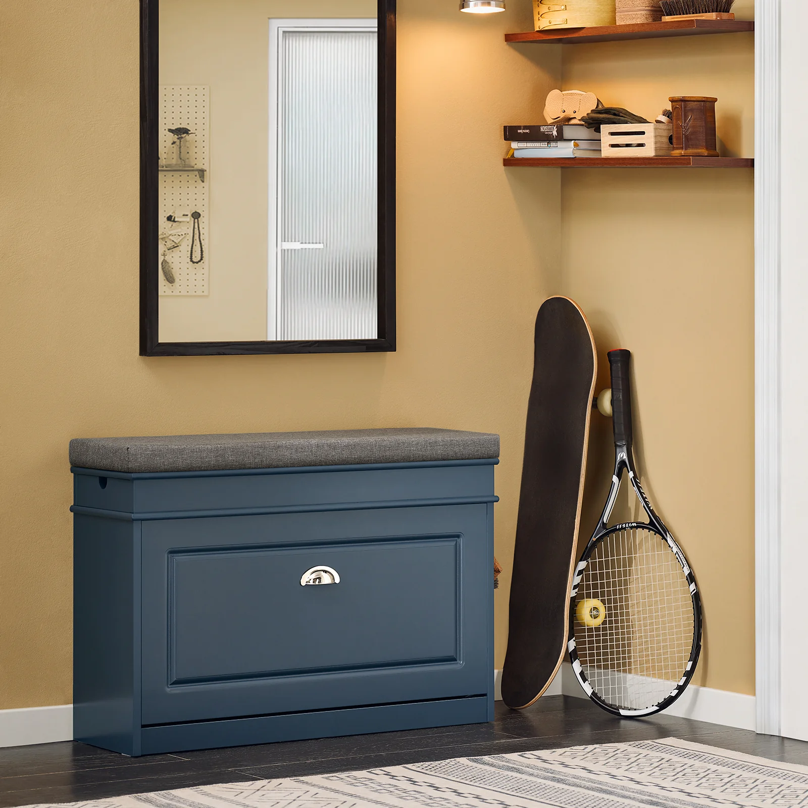 SoBuy FSR82-L-B Banco Zapatero con 1 Solapa y 1 Cajon Azul 75x24x52 cm - Image 2