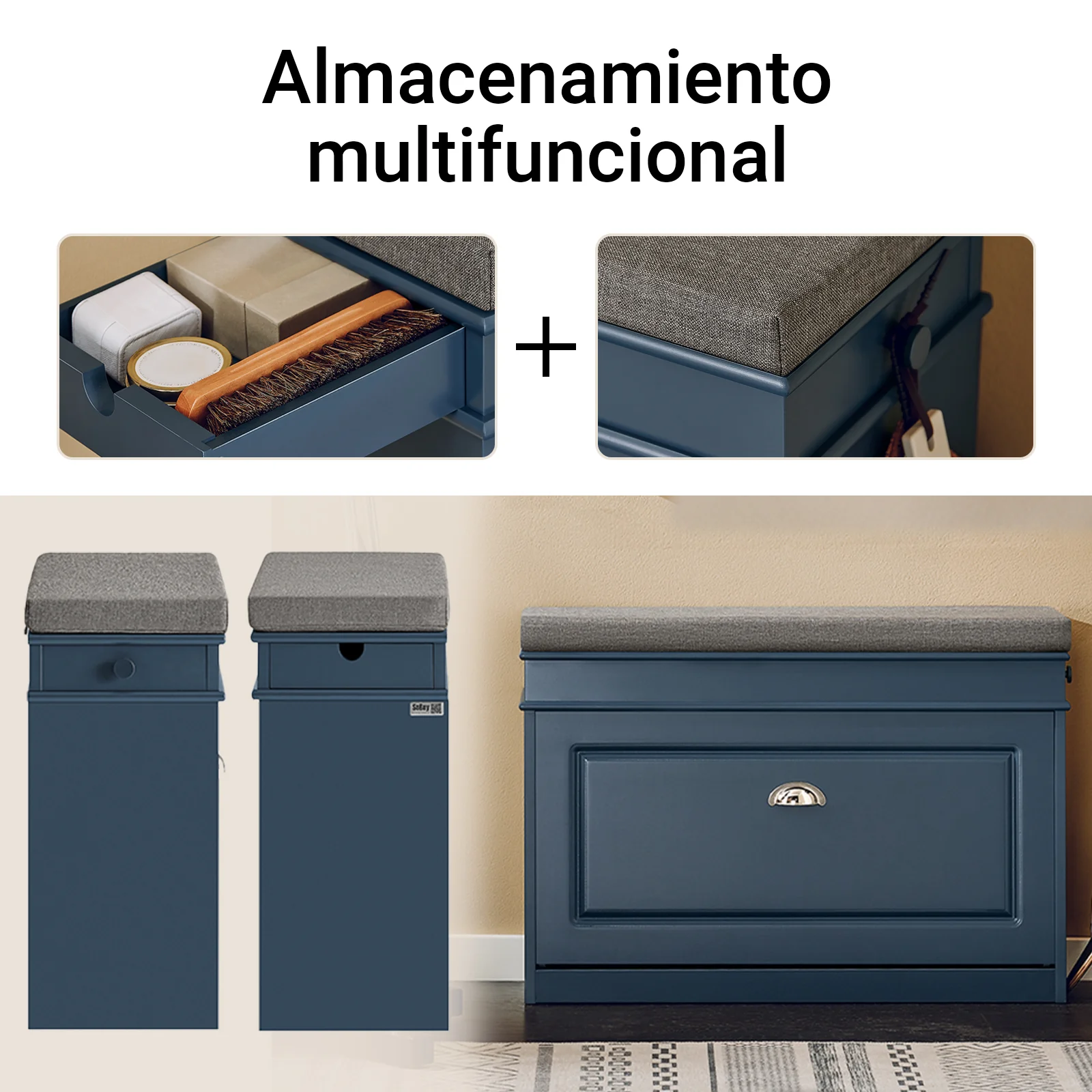SoBuy FSR82-L-B Banco Zapatero con 1 Solapa y 1 Cajon Azul 75x24x52 cm - Image 4