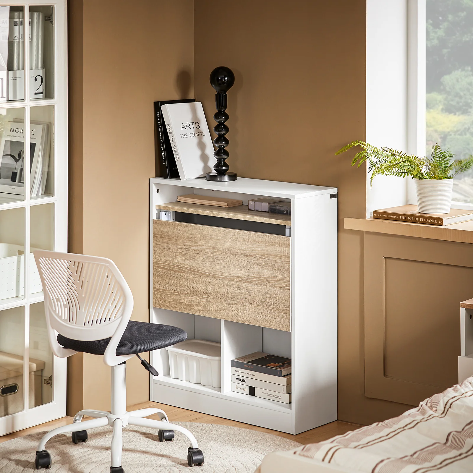SoBuy FWT104-WN Mesa Escritorio Plegable con 3 Estantes Blanco y Natural - Image 5