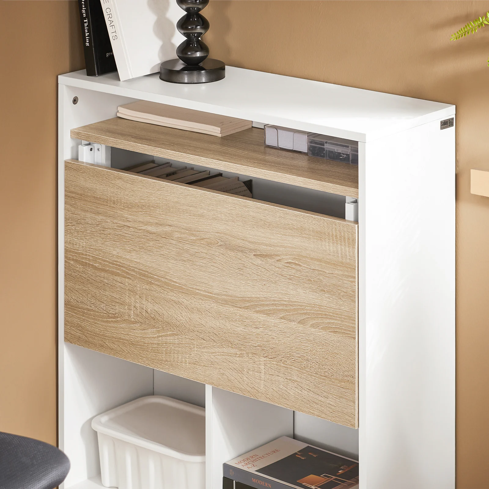 SoBuy FWT104-WN Mesa Escritorio Plegable con 3 Estantes Blanco y Natural - Image 6