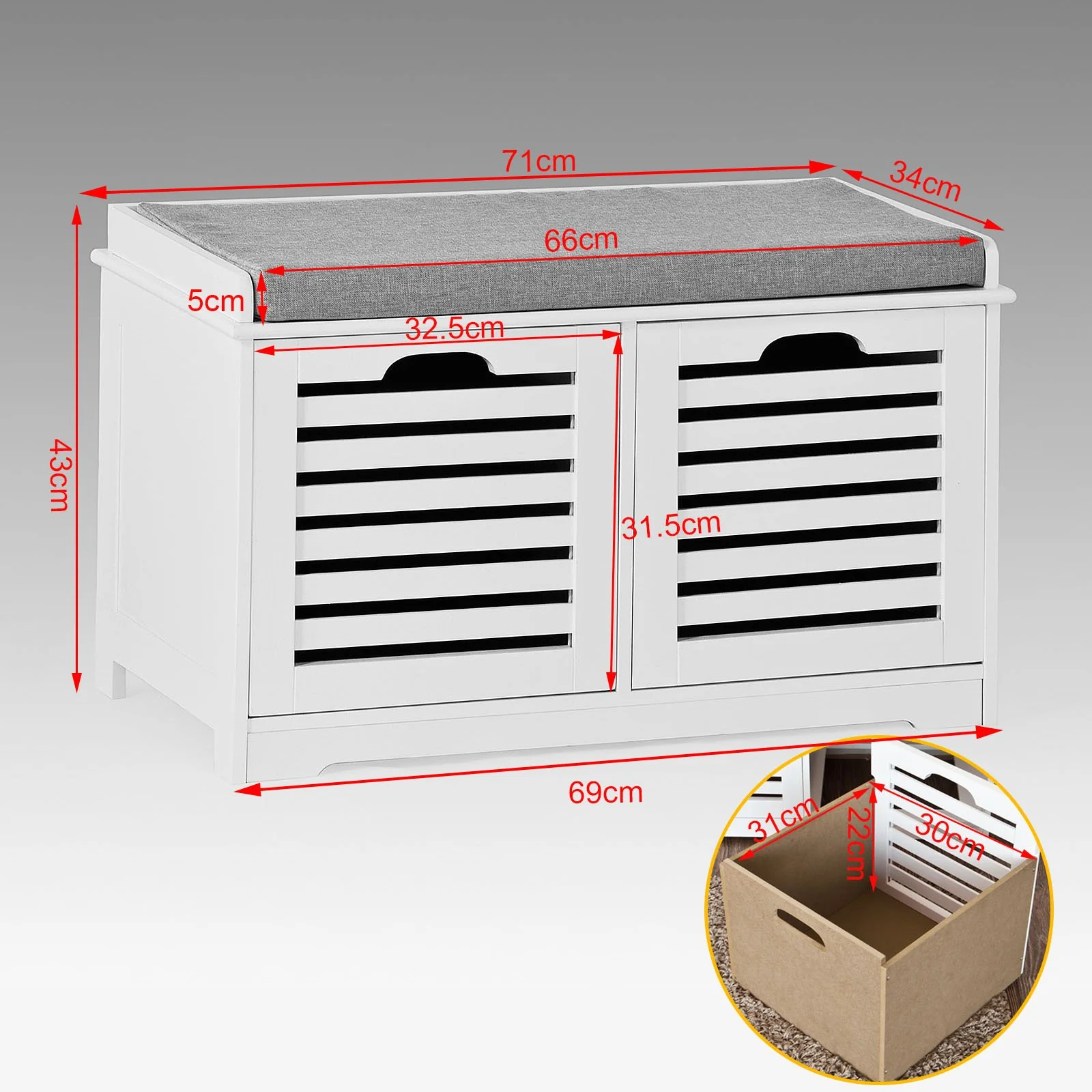 SoBuy FSR23-K-W Banco de almacenamiento con cojines y 2 cubos Blanco - Image 3