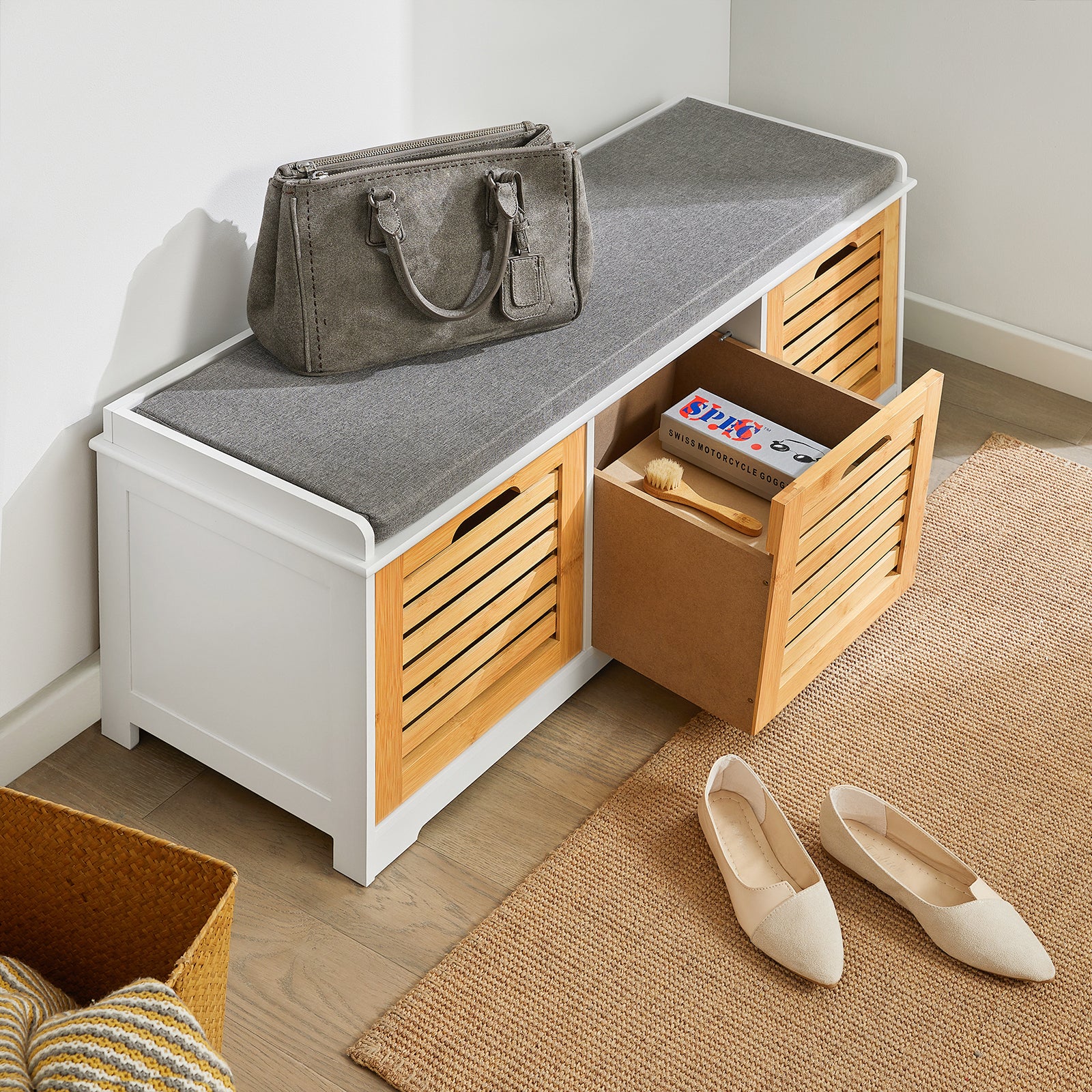 SoBuy FSR23-WN Banco Zapatero con acolchados cojines y 3 cubos - Image 9