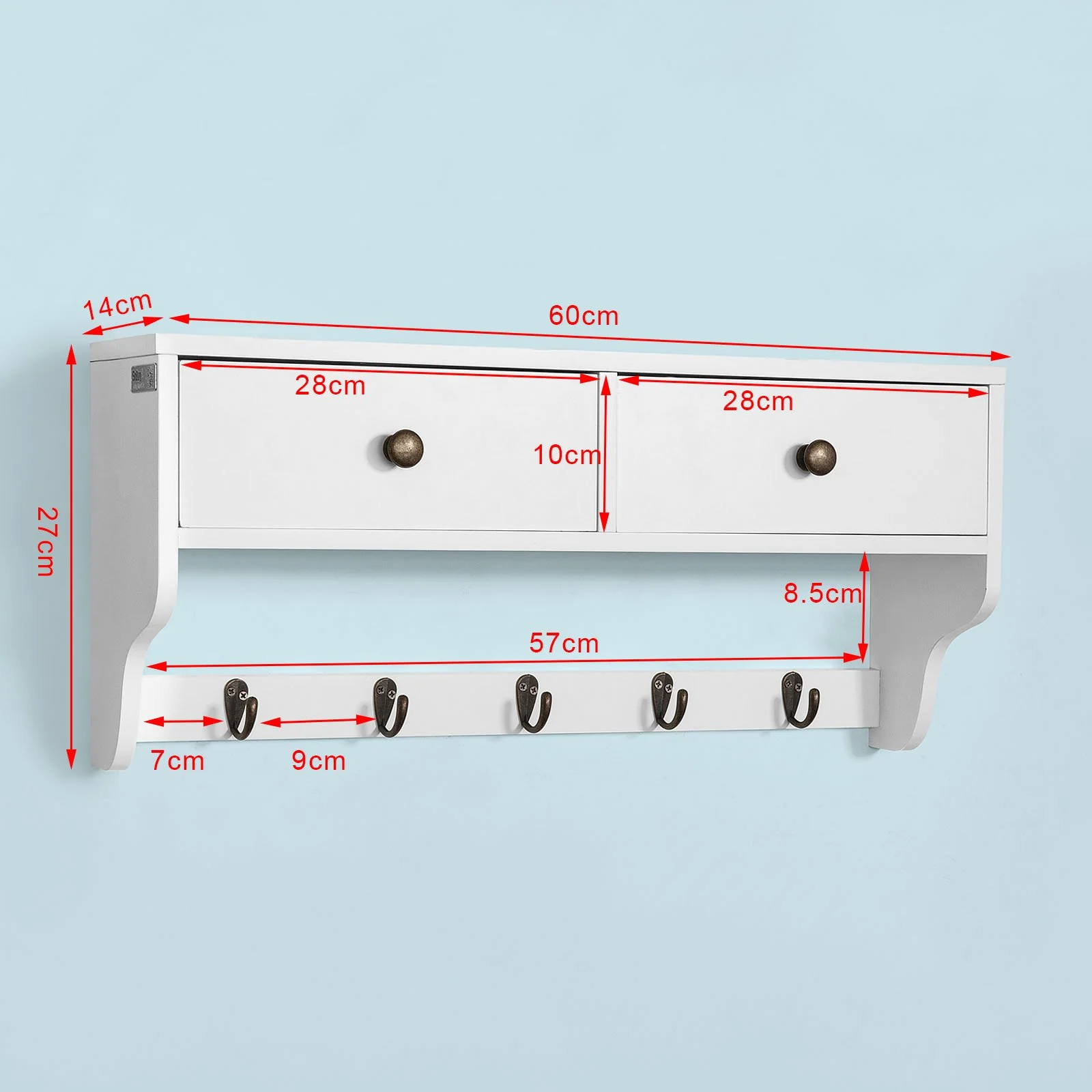 SoBuy FRG178-W Perchero de Pared con 5 Ganchos y 2 cajones Blanco - Image 3