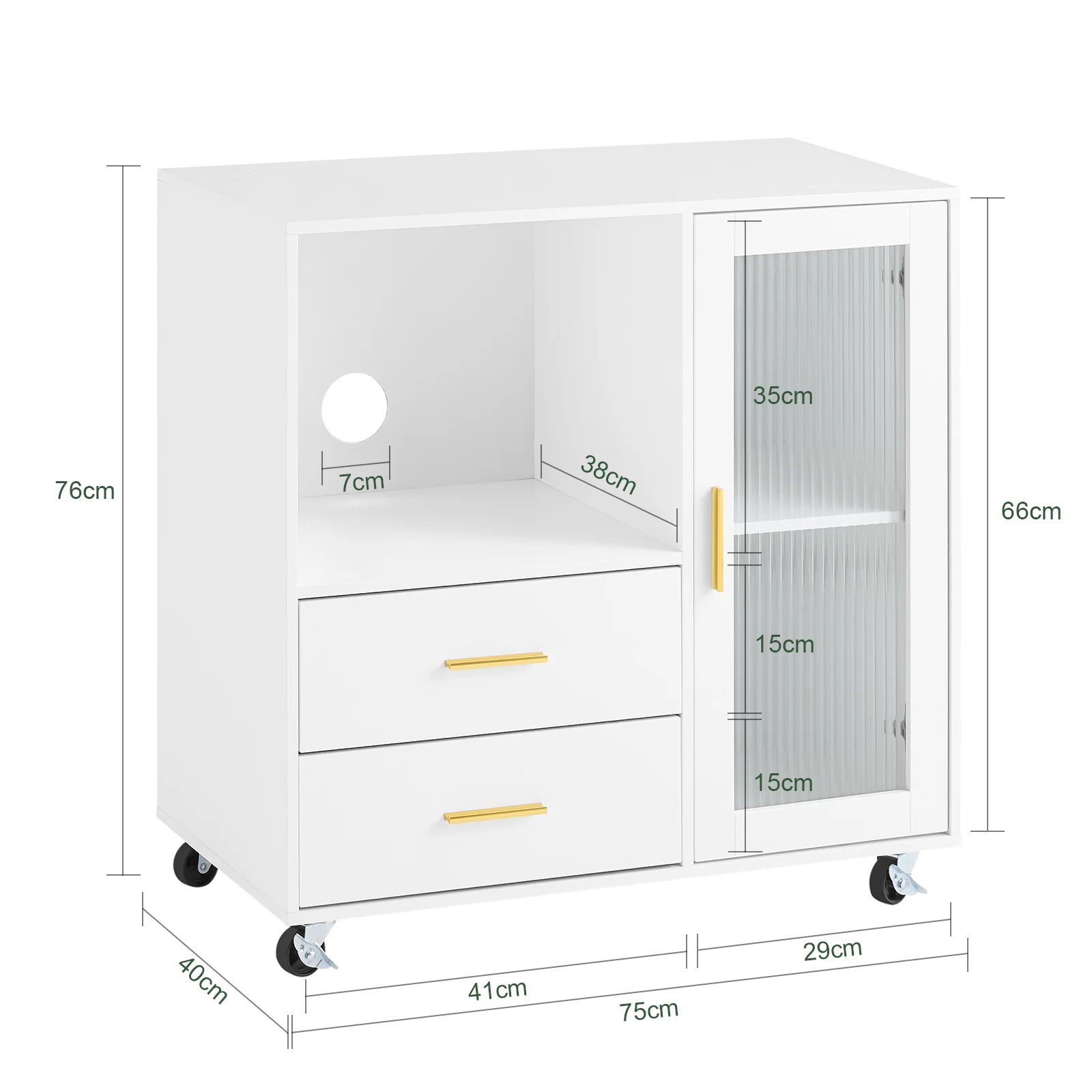 SoBuy ASK09-W Soporte para Impresora con Ruedas con 2 cajones 1 Puerta de Vidrio 75 x 40 x 76 cm - Image 3