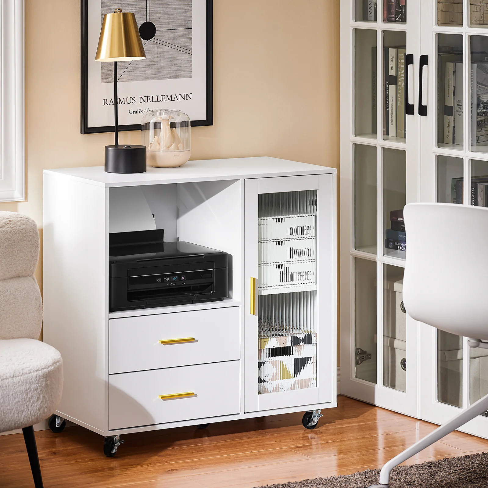 SoBuy ASK09-W Soporte para Impresora con Ruedas con 2 cajones 1 Puerta de Vidrio 75 x 40 x 76 cm - Image 4