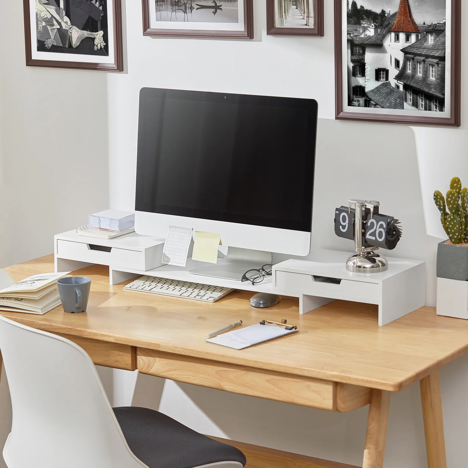 SoBuy BBF04-W Soporte del Monitor Giratorio con 2 cajones Blanco - Image 4