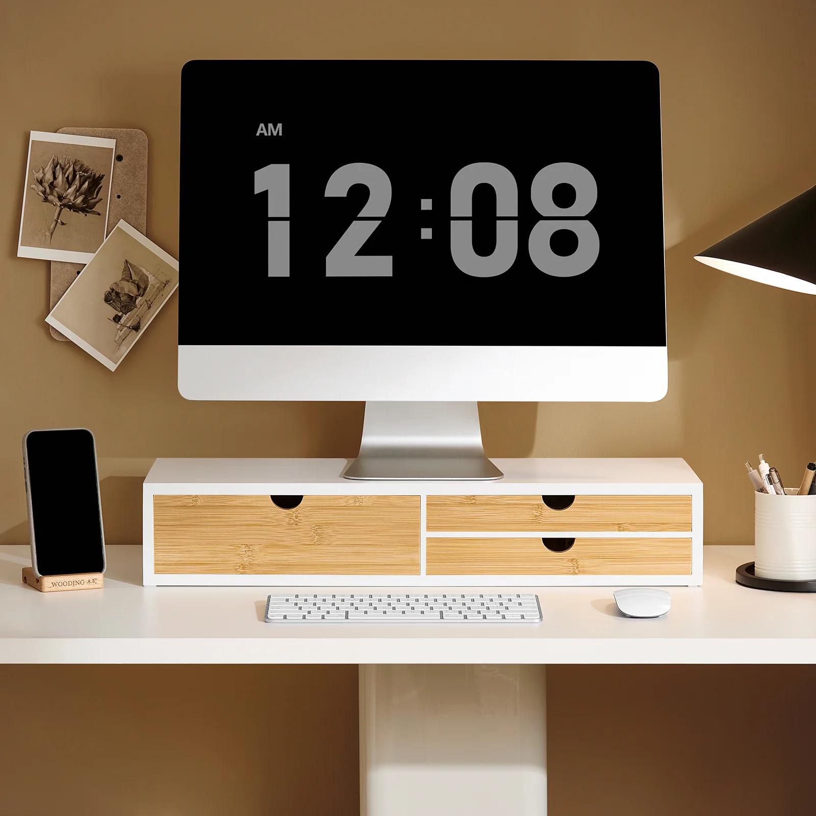 SoBuy BBF11-WN Soporte para monitor con 3 cajones Blanco y Natural - Image 4