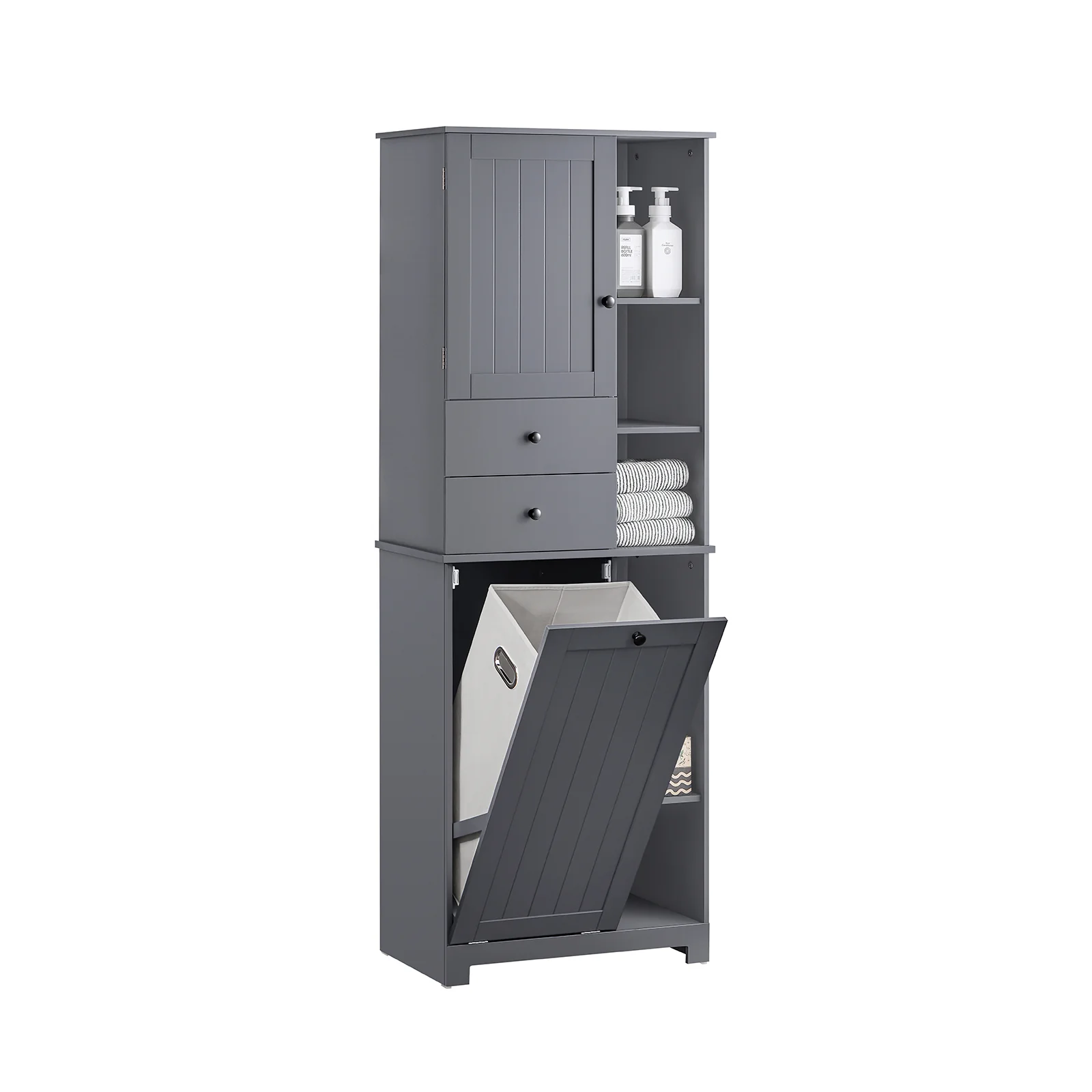 SoBuy BZR104-DG Armario Alto de Baño con cesto de ropa 6 Estantes y 2 Cajones Gris