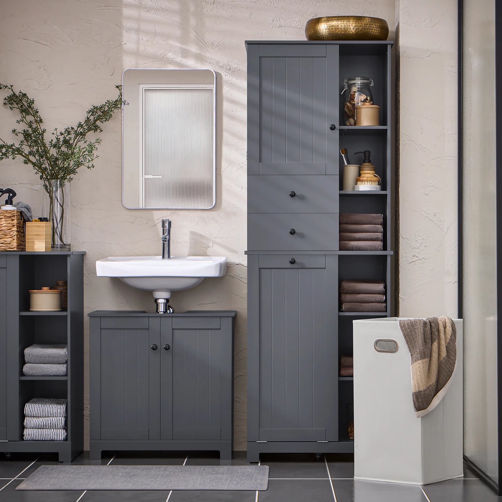 SoBuy BZR104-DG Armario Alto de Baño con cesto de ropa 6 Estantes y 2 Cajones Gris - Image 2