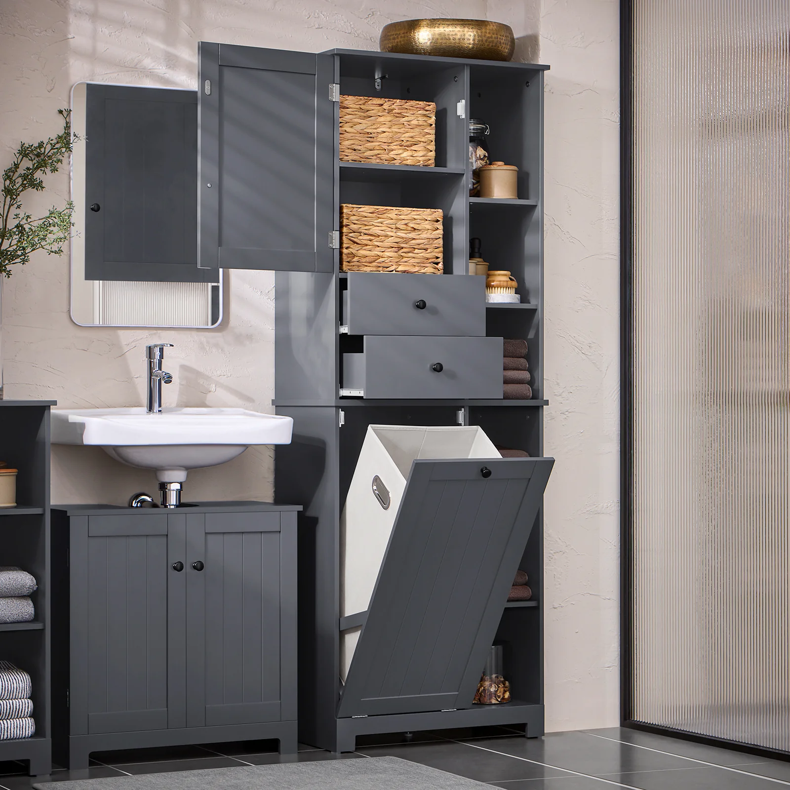 SoBuy BZR104-DG Armario Alto de Baño con cesto de ropa 6 Estantes y 2 Cajones Gris - Image 3