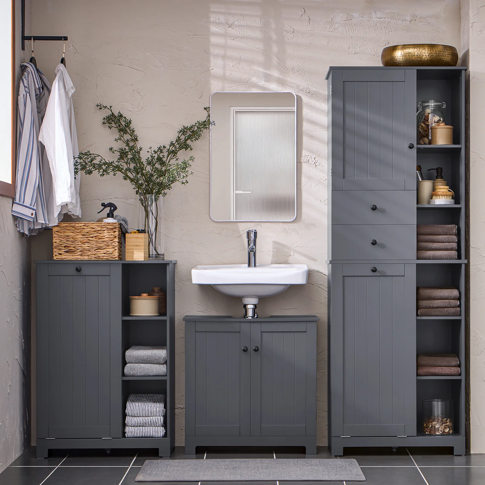SoBuy BZR104-DG Armario Alto de Baño con cesto de ropa 6 Estantes y 2 Cajones Gris - Image 4
