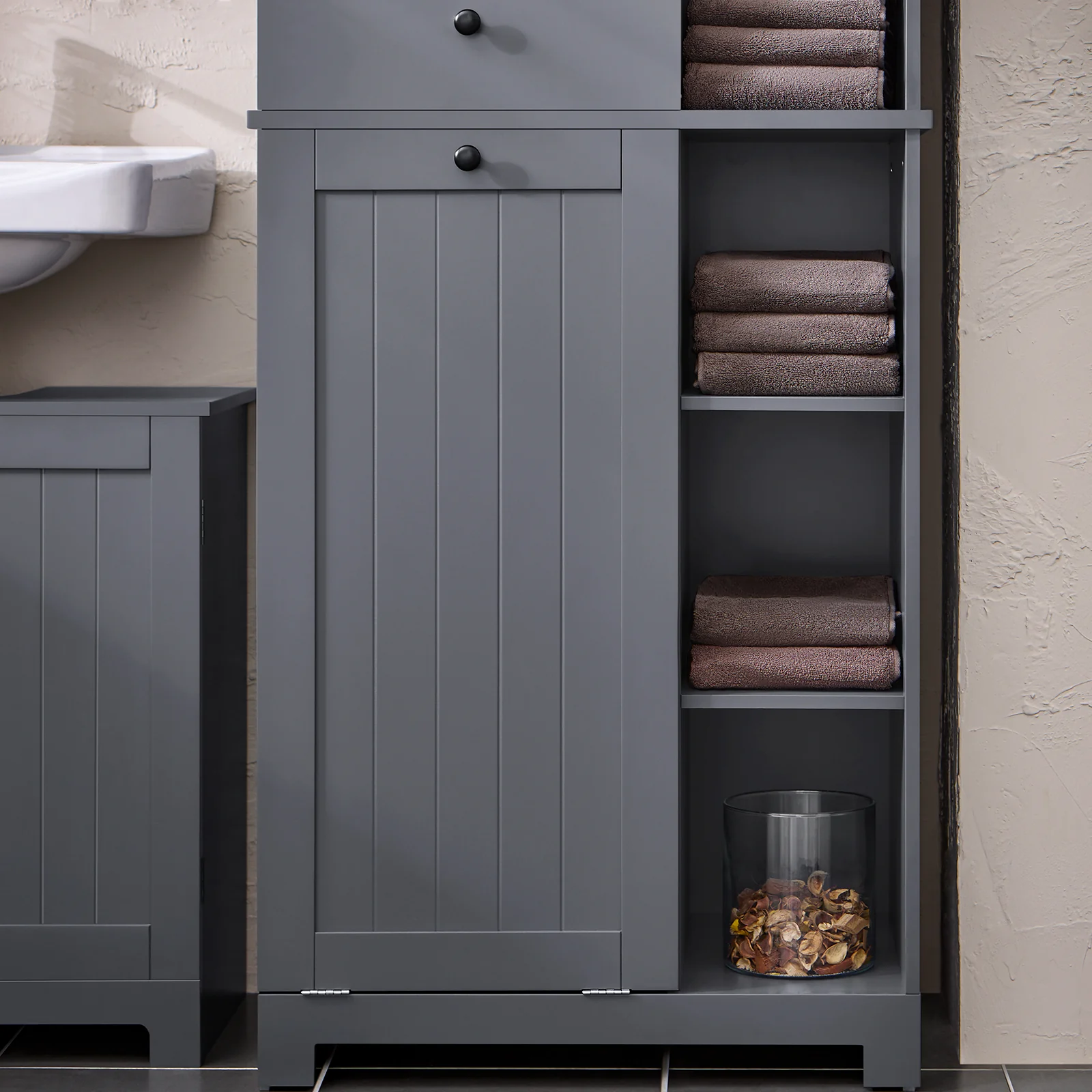 SoBuy BZR104-DG Armario Alto de Baño con cesto de ropa 6 Estantes y 2 Cajones Gris - Image 6