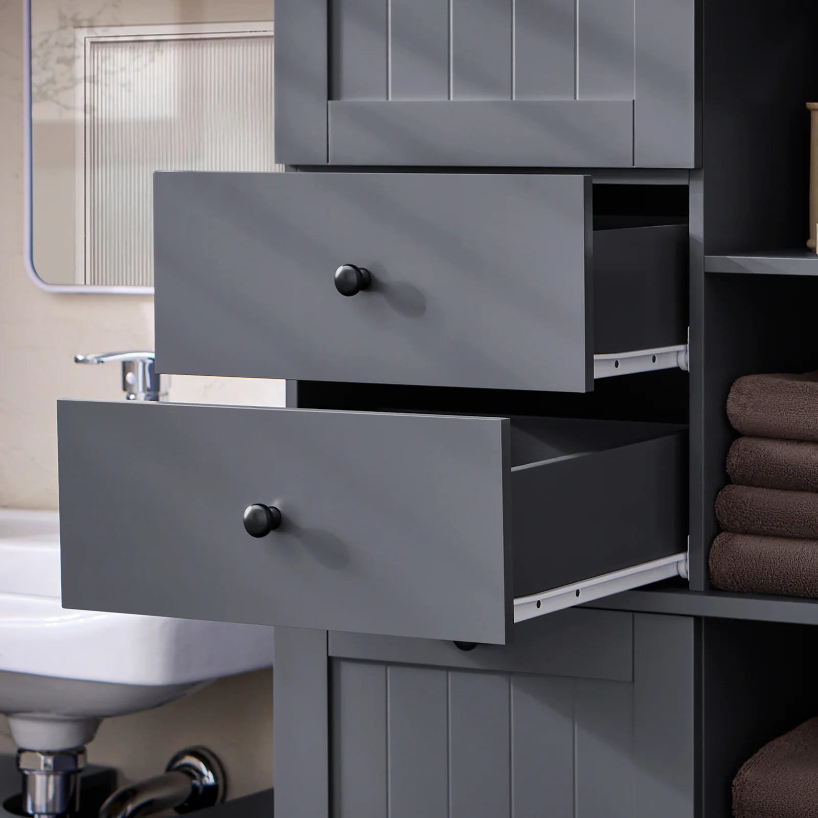 SoBuy BZR104-DG Armario Alto de Baño con cesto de ropa 6 Estantes y 2 Cajones Gris - Image 8