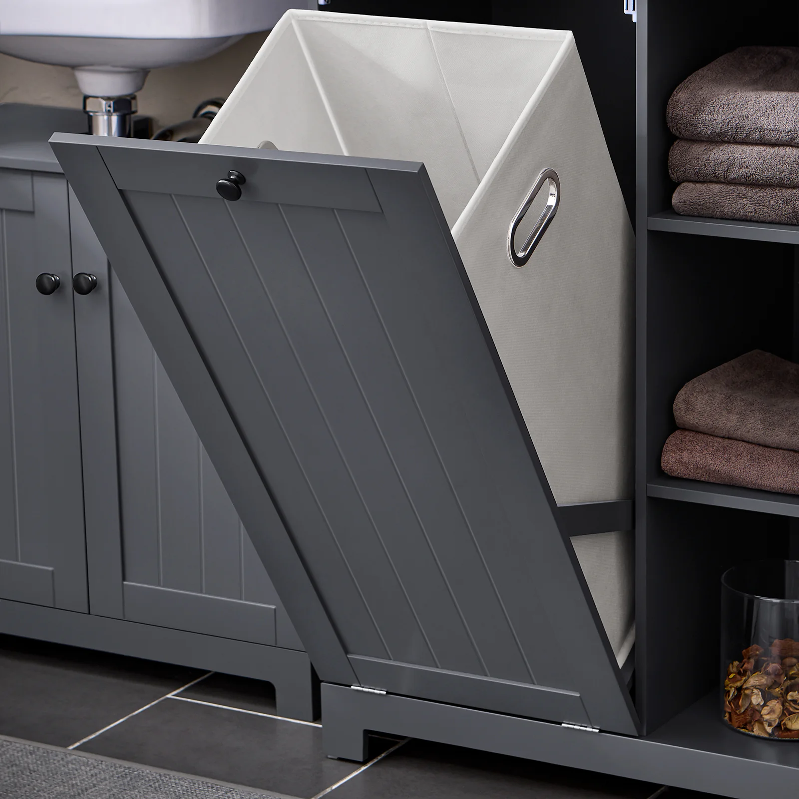 SoBuy BZR104-DG Armario Alto de Baño con cesto de ropa 6 Estantes y 2 Cajones Gris - Image 9