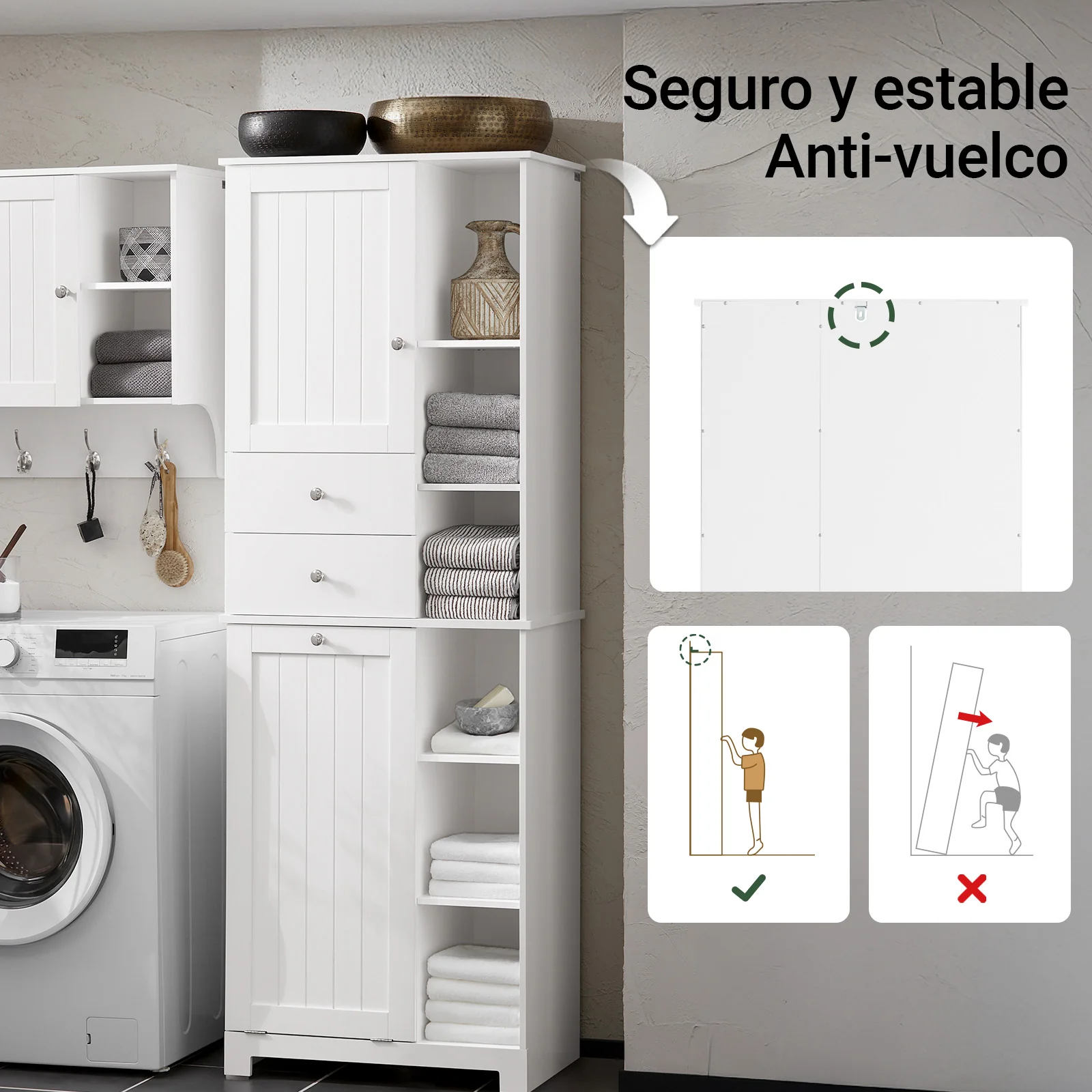 SoBuy BZR104-W Armario Alto de Baño con Estantes y Cesto para Ropa Sucia Blanco - Image 4