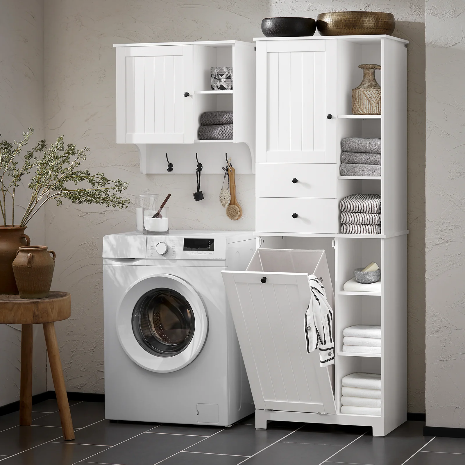 SoBuy BZR104-W Armario Alto de Baño con Estantes y Cesto para Ropa Sucia Blanco - Image 8