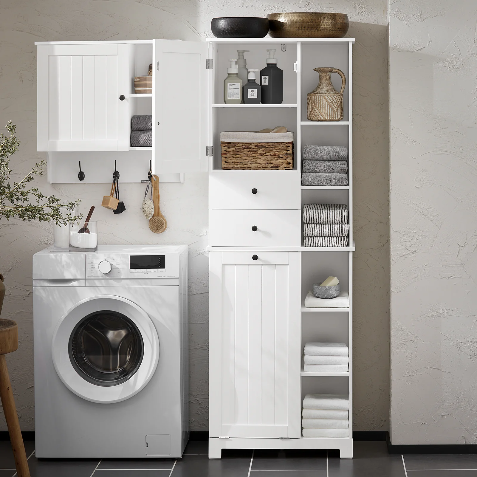 SoBuy BZR104-W Armario Alto de Baño con Estantes y Cesto para Ropa Sucia Blanco - Image 9