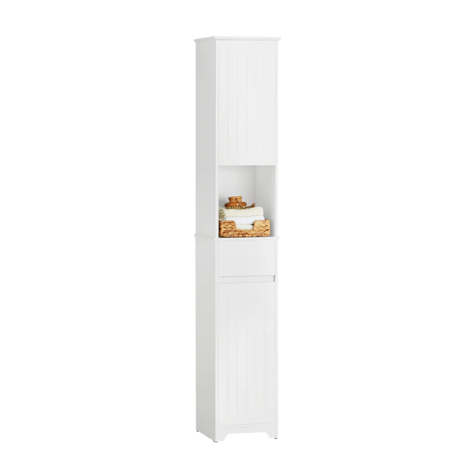 SoBuy BZR109-W Armario Alto de Baño con 1 Cesto y 1 Cajón