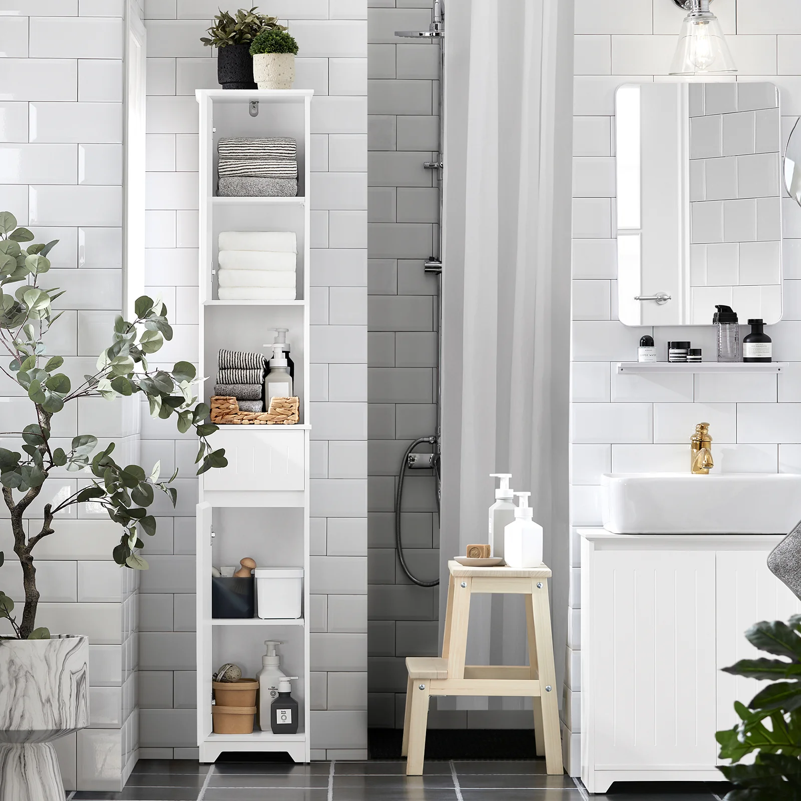 SoBuy BZR109-W Armario Alto de Baño con 1 Cesto y 1 Cajón - Image 2